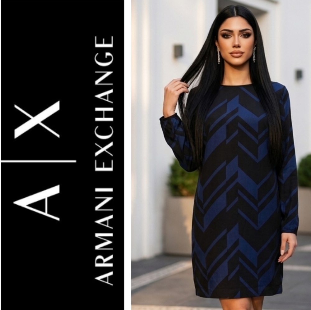 Armani Exchange Long Sleeve Dress in Blue and Black